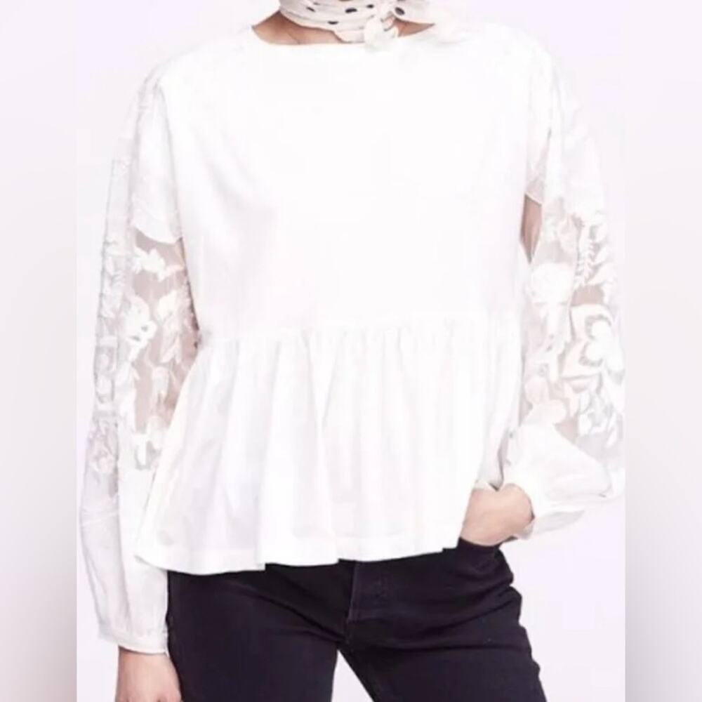 Free People Cream White Embroidered Penny Tee Long Sleeve Blouse Size S